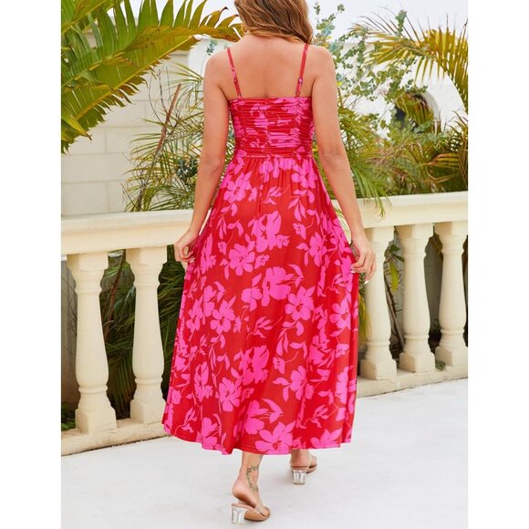Women's Red Spring Summer Adjustable Spaghetti Strap Floral Beach Long Maxi - Picture 3 of 6